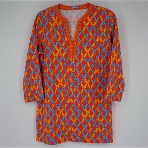 J McLaughlin Catalina Cloth Tunic Top Orange Blue Geometric Square M Artsy Beach